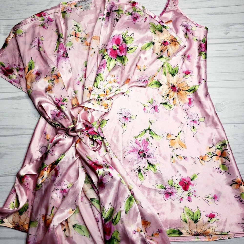 Vintage Sarah Bentley Short Satin Floral Nightgown Gown Lingere With Robe